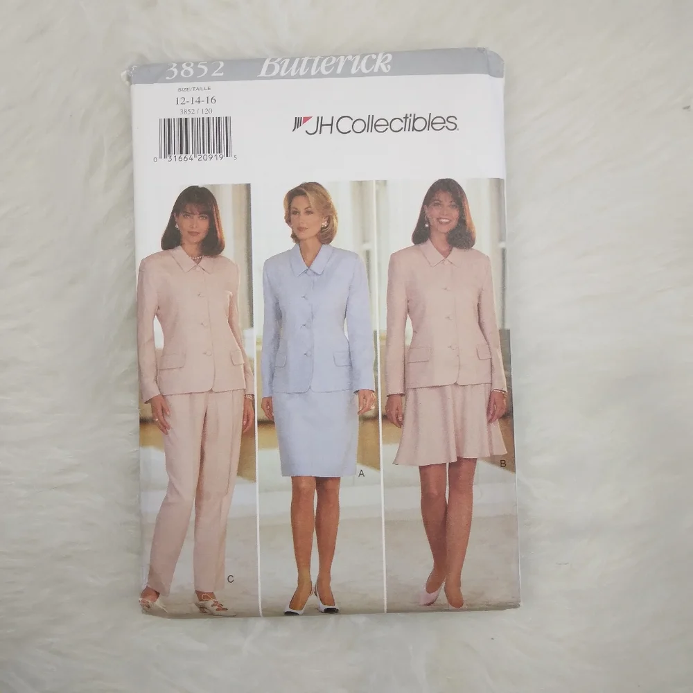 BUTTERICK 3852 SZ 12-16 Misses  Unlined Jacket, Straight Or Flared Skirt, Pants